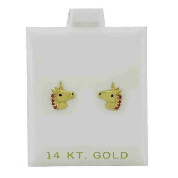 Created Ruby Unicorn Stud Earrings 14k Yellow Gold